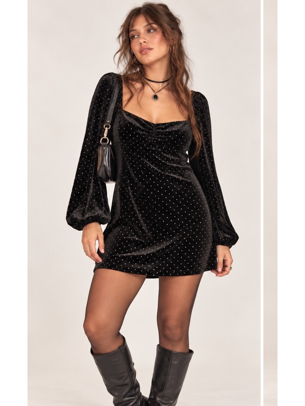 Black Velvet Y2K Long-Sleeve Puff Whimsy 90โs Grunge Studded Mini Dress Large